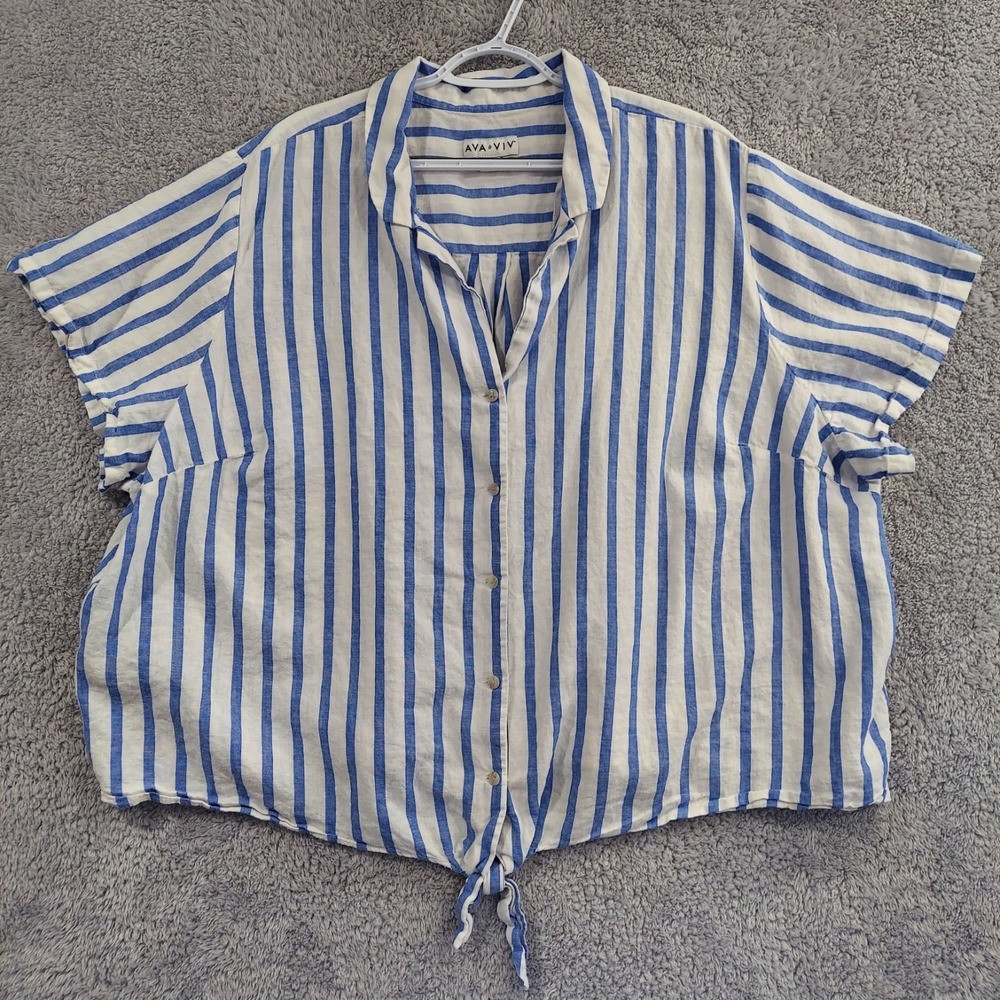 Ava & Viv Striped Tie Front Shirt Women's 4X Blue White Linen Blend Short Sleeve